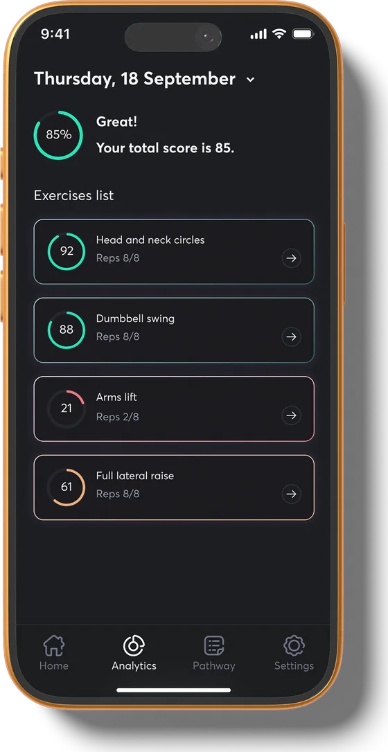 Zenna patient app showing a daily score of 85% and scores for each exercise