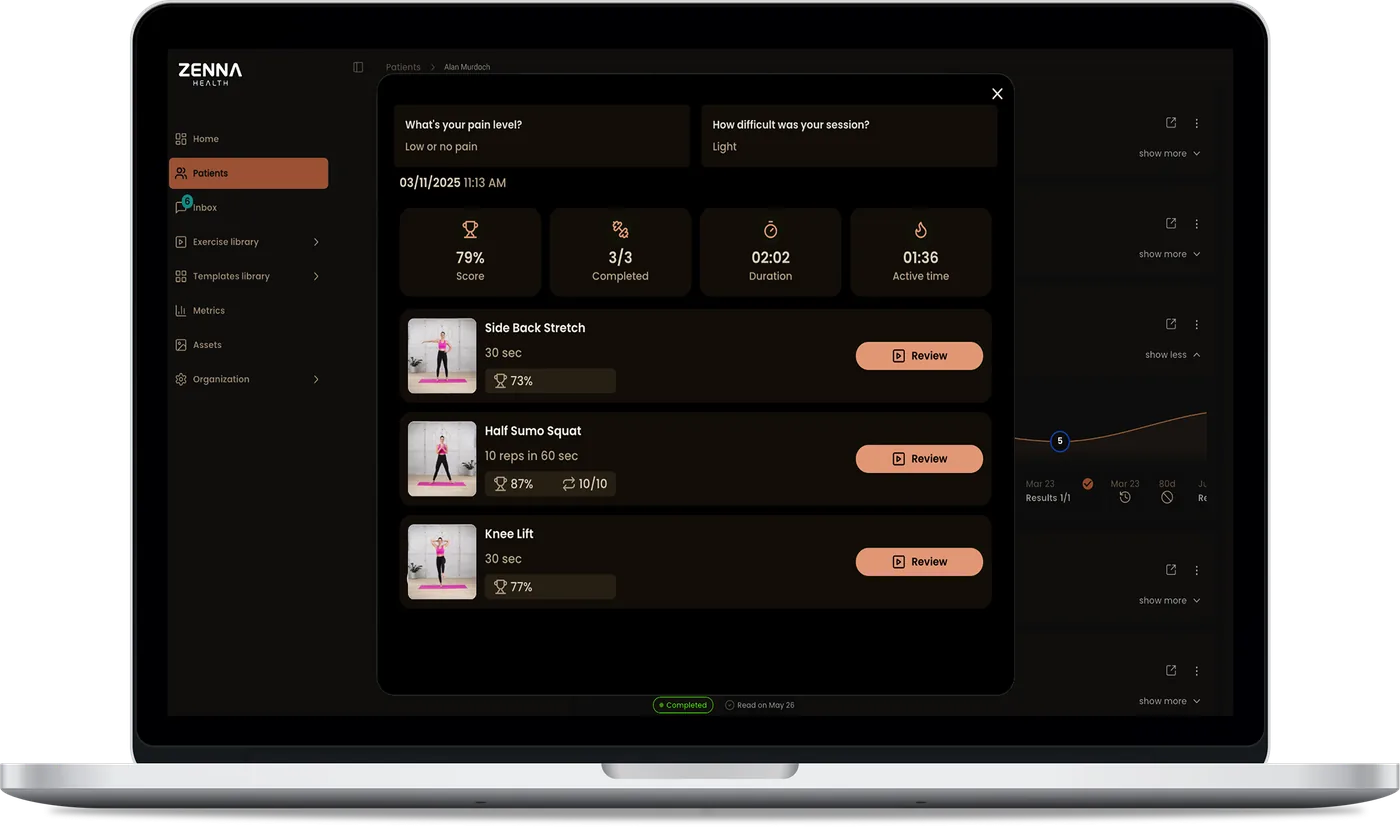 Zenna physio portal on a laptop showing a patient's session results