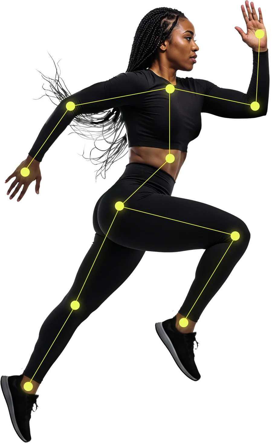 An athlete mid-stride with joint-tracking points overlaid on shoulders, hips, knees and ankles